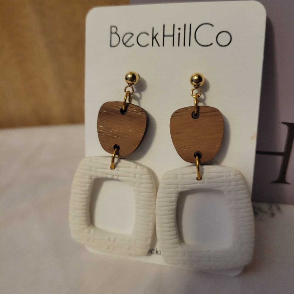 BeckHillCo Wooden and White Geometric Earrings